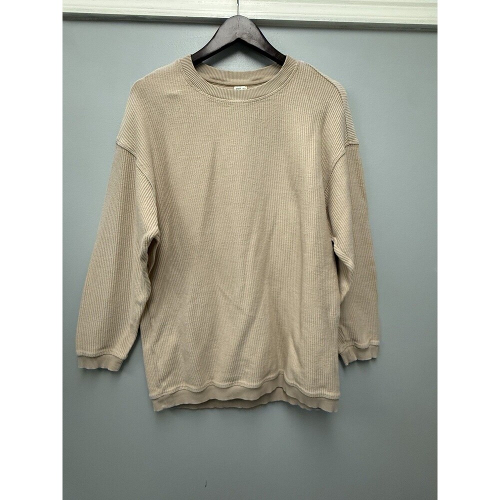 Aerie Ribbed Knit Cozy Crew Neck Sweater Pullover Beige Tan Oversized Women's XS
